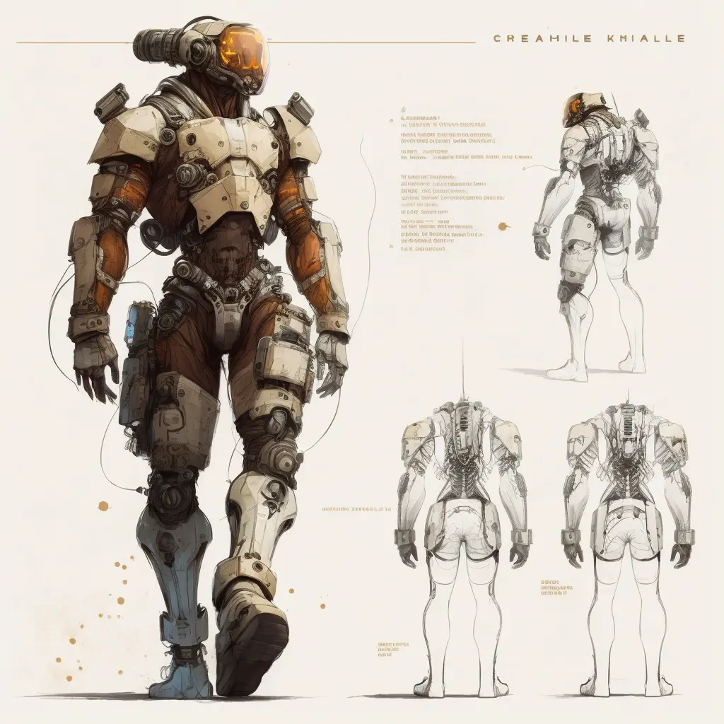 male wearing cybernetic exoskeleton character design, concept design sheet, white background, style of craig mullins